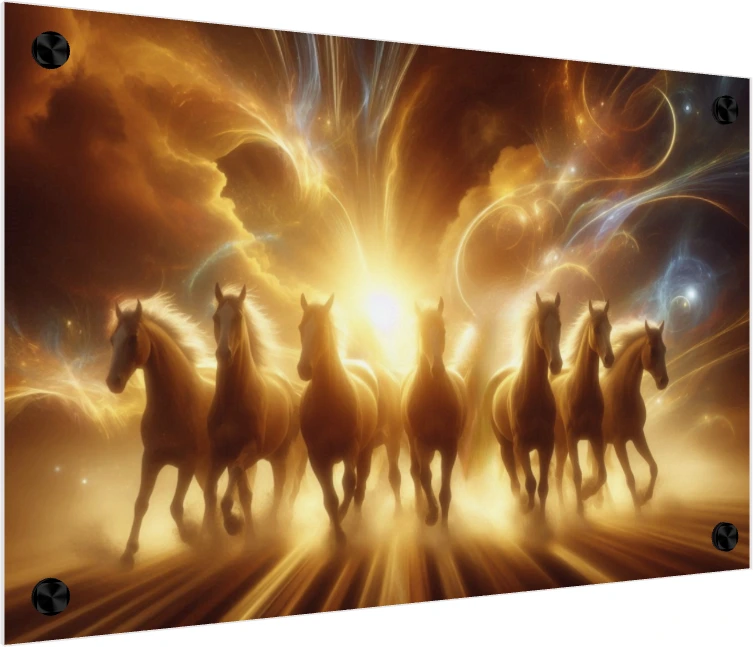 Seven golden horses running forward amidst a glowing cosmic background with bright solar flares. — acrylic preview | PrintPosters.in